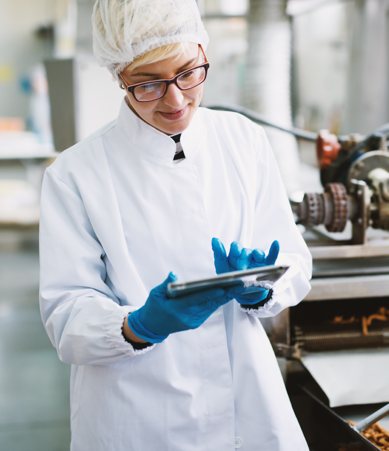 Food industry professional inspecting machinery